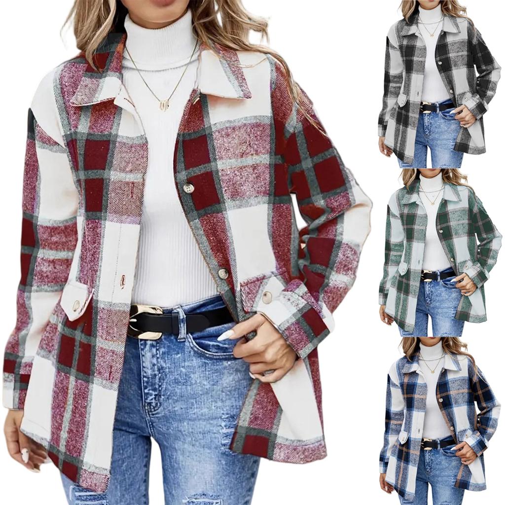 Women's Fashion Plaid Lapel Single Breasted Long Sleeved Shirt Jacket
