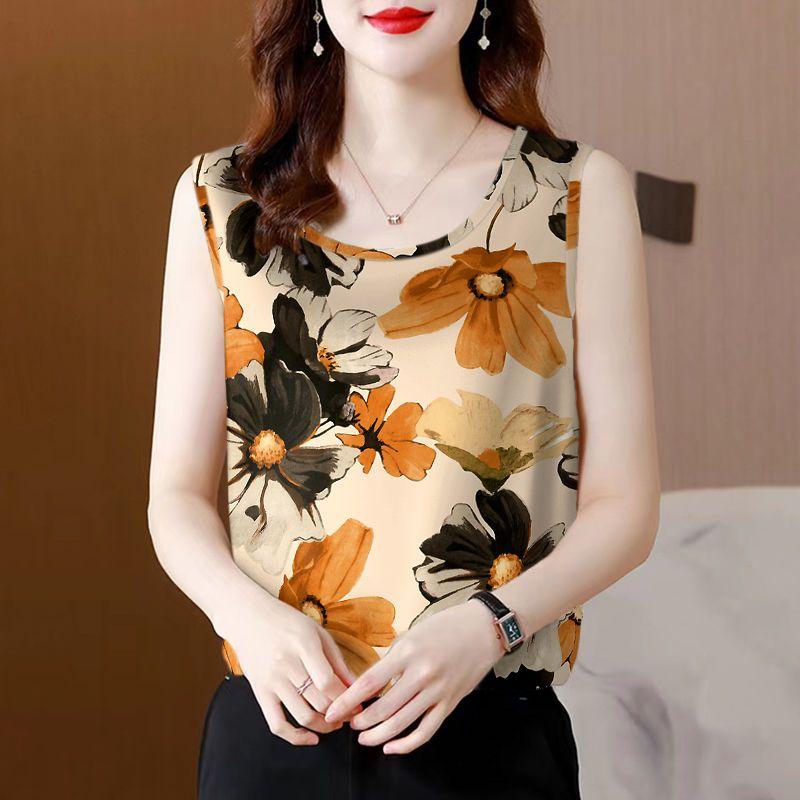 Летний женский жилет, новый размер плюс, без рукавов, шелковый принт, подтяжки, цветочная основа, рубашка