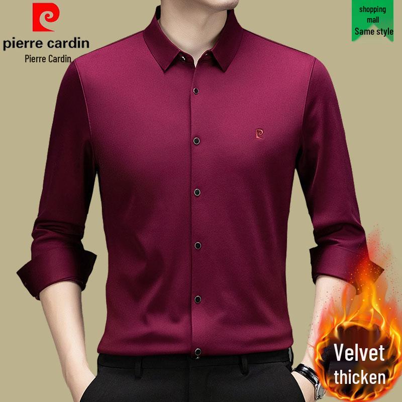 Мужская рубашка Pierre Cardin с длинным рукавом из шелка-тусса (mulberry silk) - Не требует глажки, С начесом, Высококачественный business casual для осени/зимы