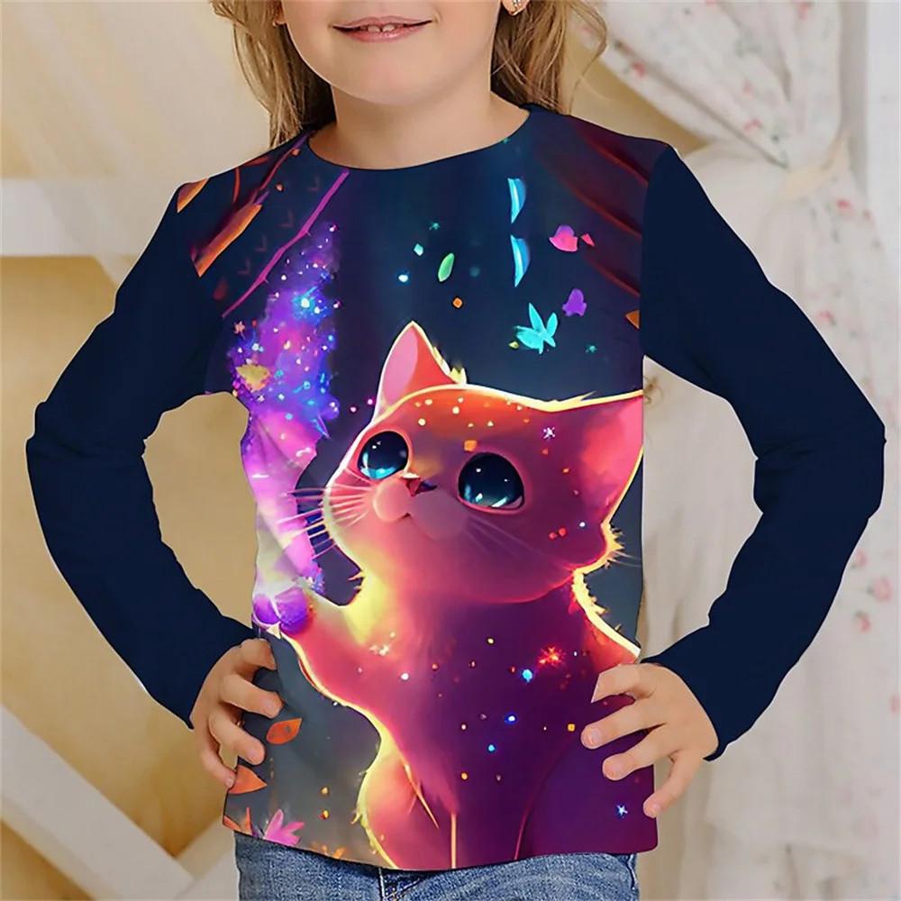 Children's T-Shirt Kawaii Full Sleeves T-Shirts for Girl Tiger Cat Cute Tees Clothes 2023 Autumn Kid Top O-Neck Outdoor Clothing
