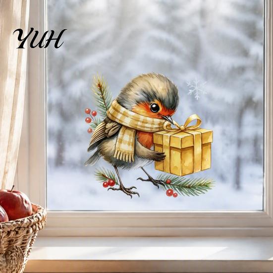Festive Home Decor Christmas Bird Static Window Sticker, Cute Watercolor Glass Stickers with Pine Branch, PVC Waterproof Reusable Holiday Ornaments