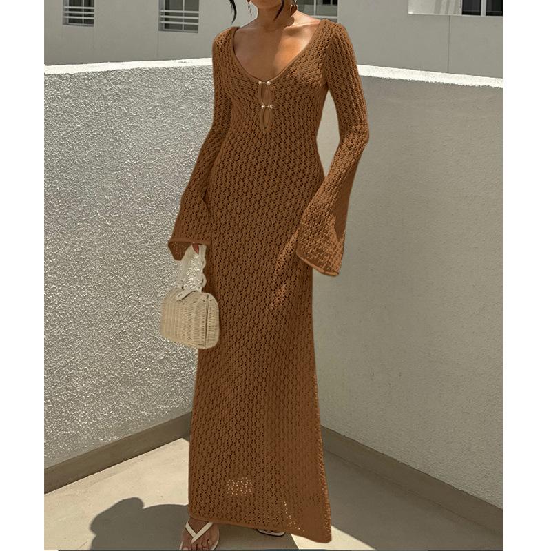 European-American V-Neck Hollow Texture Long-Sleeve Beach Dress