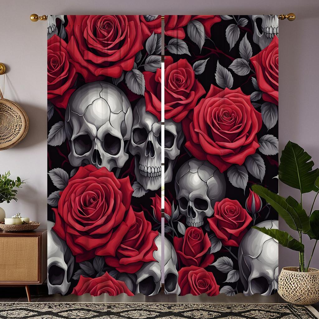 2 шт. HD Череп Роза занавеска Красный галстук цифровой печатный занавес украшение дома стиль Украсьте гостиную спальню Носите штангу занавески