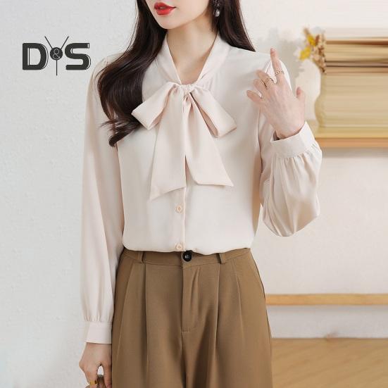 Женская рубашка со шнуровкой и бантом на воротнике, с длинным рукавом, повседневная рубашка, однотонная, свободная, шифоновая рубашка, топы, повседневная одежда