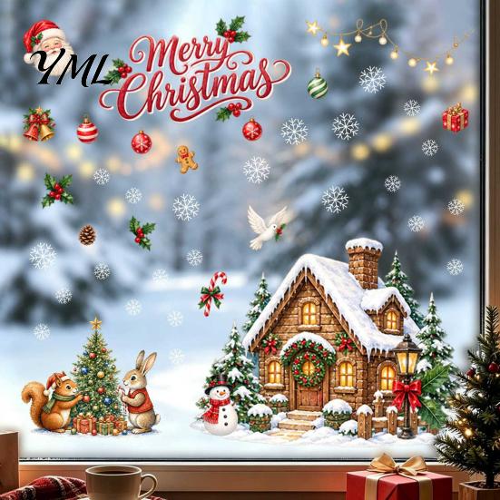 Outdoor Balcony Glass Stickers Christmas Window Clings, Snowy Village House Xmas Tree Squirrel Rabbit Party Supplies Sticker, Double-Sided Static