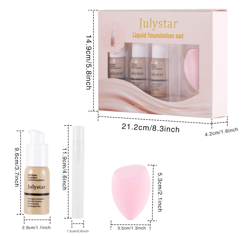 Julystar Liquid Foundation Set Soft Matte Long Wear Waterproof Oil-Controlling Naturally Flawless Concealer Face Makeup Cosmetics with Beauty Sponge