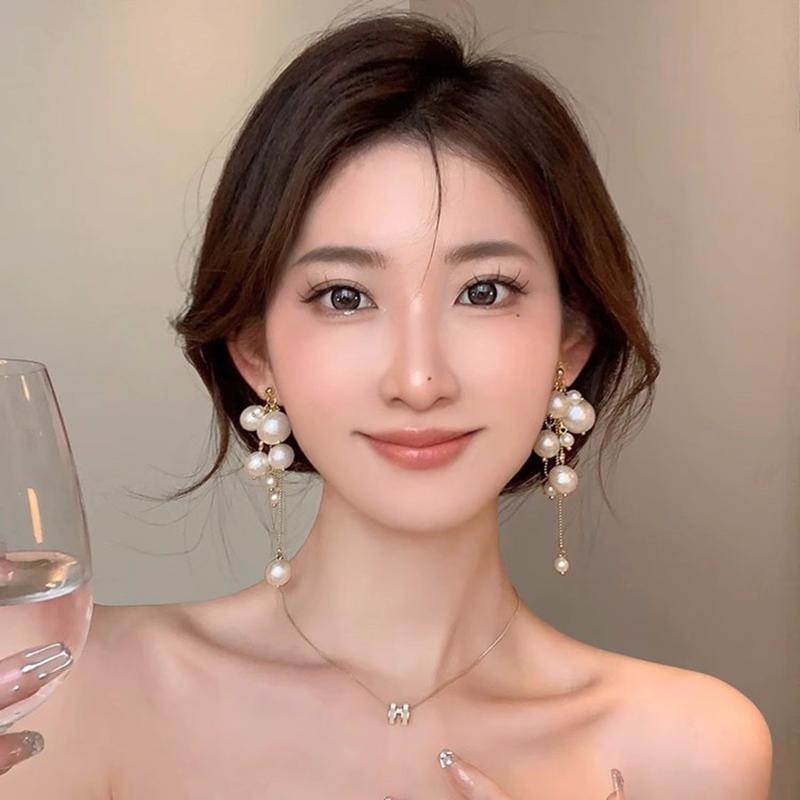 1 пара элегантных жемчужных длинных сережек-кисточек, висячие серьги для женщин и девочек, модные блестящие серьги, свадебные украшения, подарки