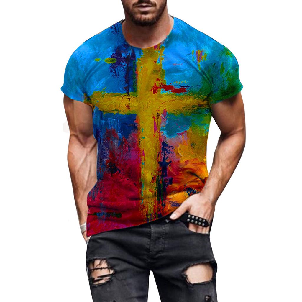 Men's Street Fashion Casual Cross Print Round Neck Short Sleeve