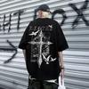 American Retro Street Hip-hop Gothic Cross Print Tshirts Round Neck Short Sleeved Men Summer Loose Tops Casual T-shirt