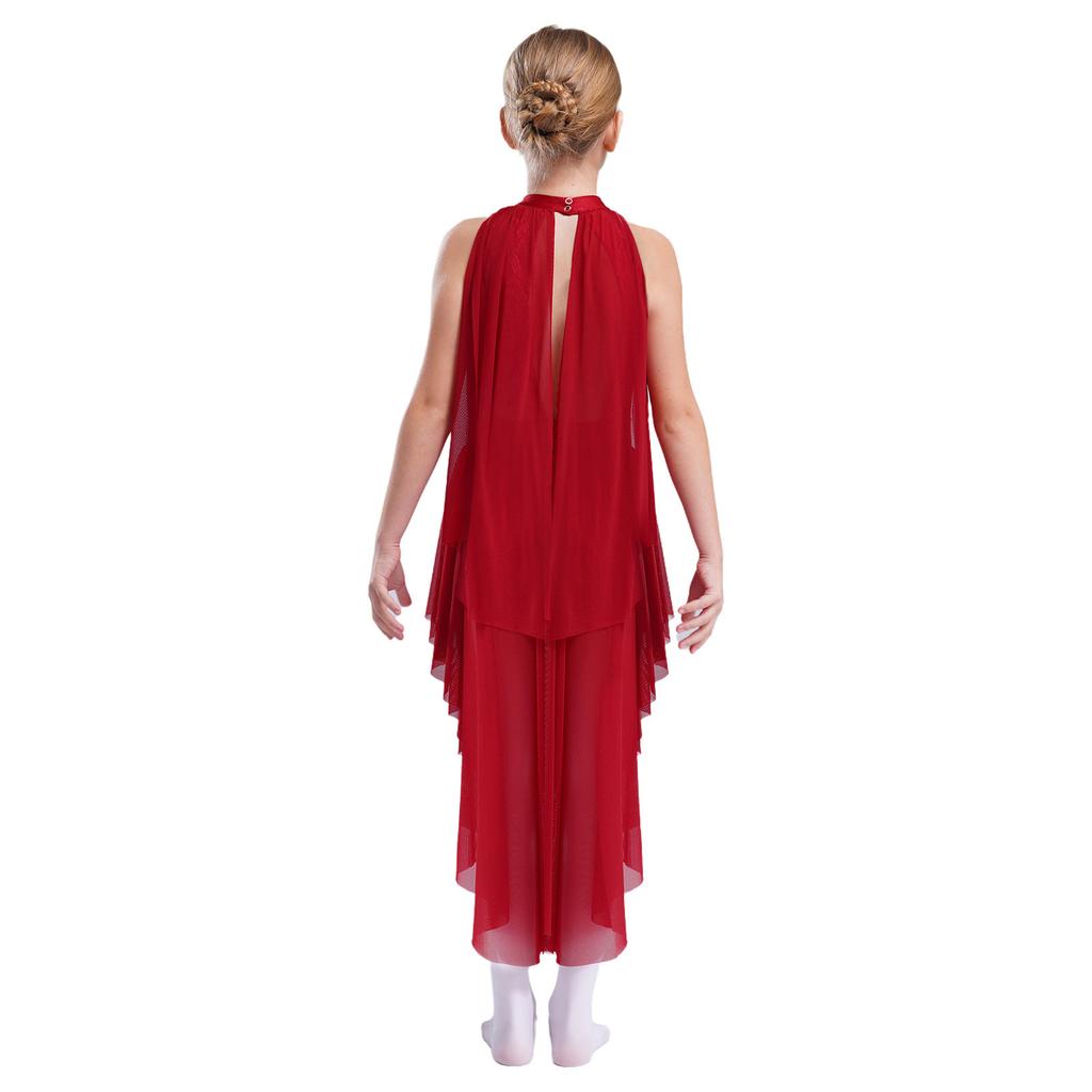 Girls Performance Leotard Sleeveless Cutout Back Design Hollow Out Lace Mesh Overlay Skirted Dance Costume