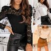 Women Top Round Neck Hollow Out Lace Patchwork Pure Color Long Sleeve Slim Fit See-thtough Soft Puff Sleeve Lady Commute Shirt