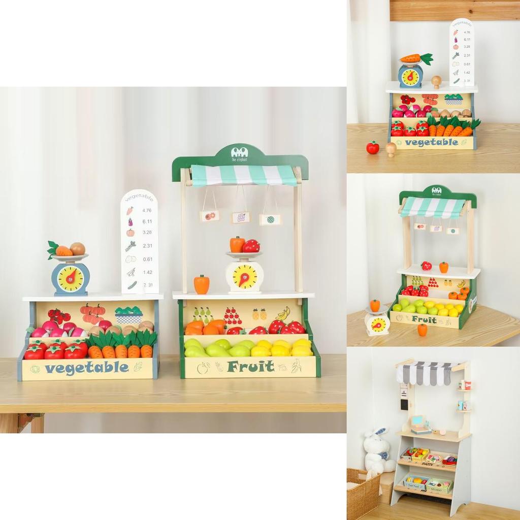 Wooden Grocery Shopping Cart With Fruit And Vegetable Stalls For Kids Interactive Play