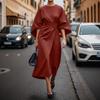 Lady Midi Dress Three Quarter Dolman Sleeves Slim High Waist Solid Color Round