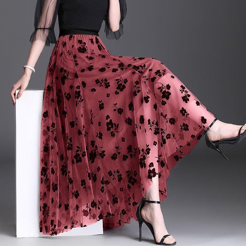 Korean Women Tulle Skirt Fashion Summer Hook Floral Loose Midi Skirt Elegant Female Casual All Match Mesh Skirts