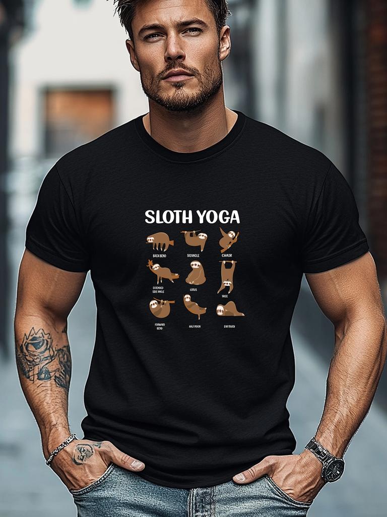 Plus Size Men's T-Shirt, Relaxed and Casual, Men's SLOTH YOGA Graphic Summer Casual Crew Neck Short Sleeve T-Shirt, PLUS SIZE
