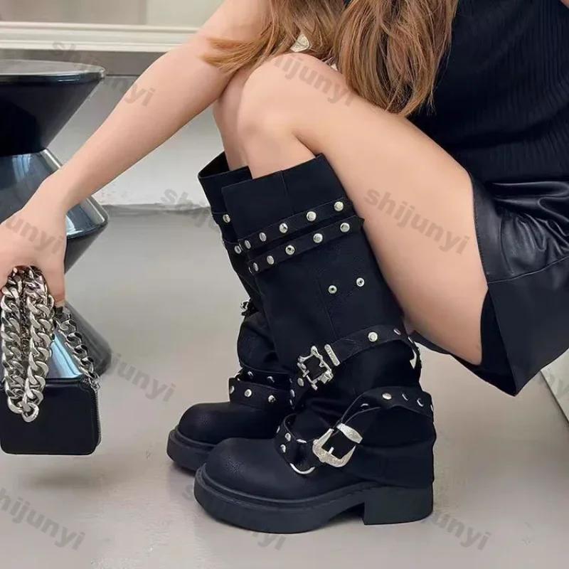 Women Platform Ankle High Pants Boots Winter Leather New Trend Fashion Designer Rivet Buckle Thick Soled Chelsea Botas Mujer