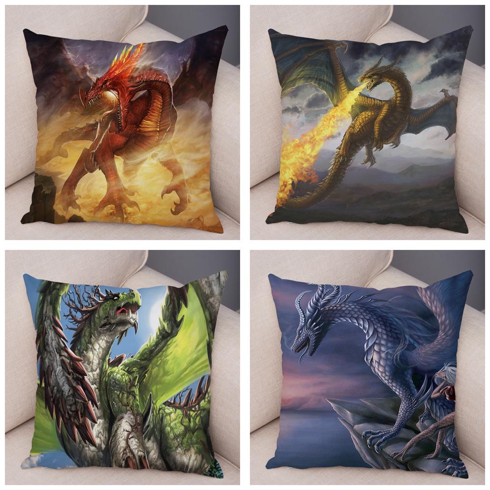 Наволочка с мультяшным животным принтом, чехол для подушки с рисунком дракона, декоративная наволочка для автомобиля, дивана, дома, гостиной