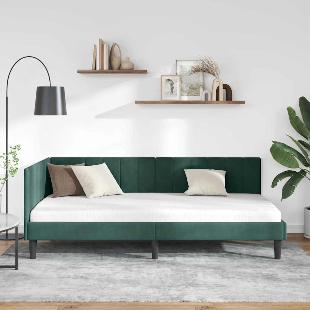 L shaped bed frame with headboard dark green 100 cm x 200 cm velvet