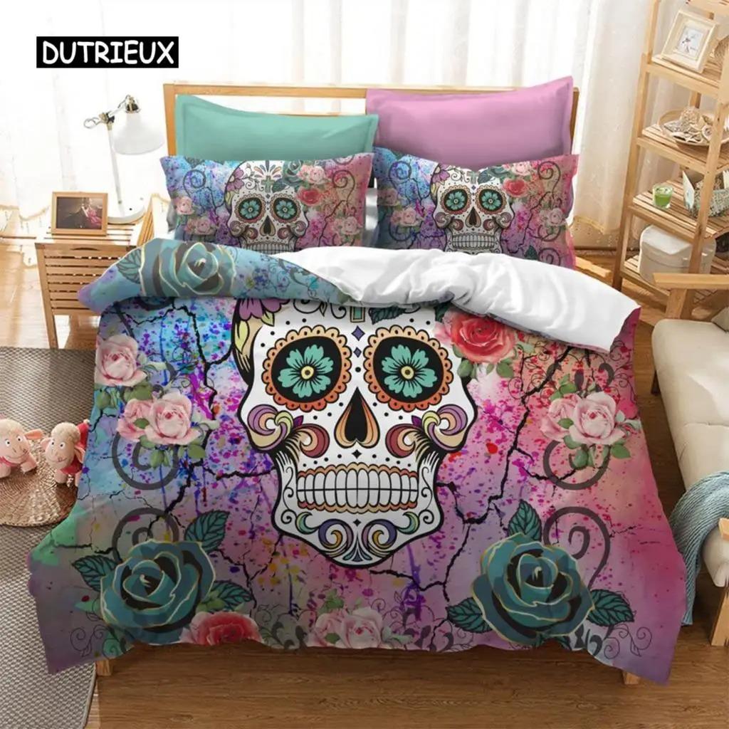 Duvet Cover Set,3D Printed Gothic Skull Bedding Set,Soft Comforter Cover with Zipper Closure and 2 Pillow Shams Sugar Skull