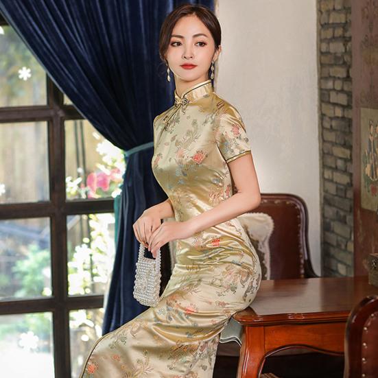 Cheongsam с принтом, длиной до середины икры, облегающее женское платье с узором Дракона и Феникса, элегантное платье с разрезом