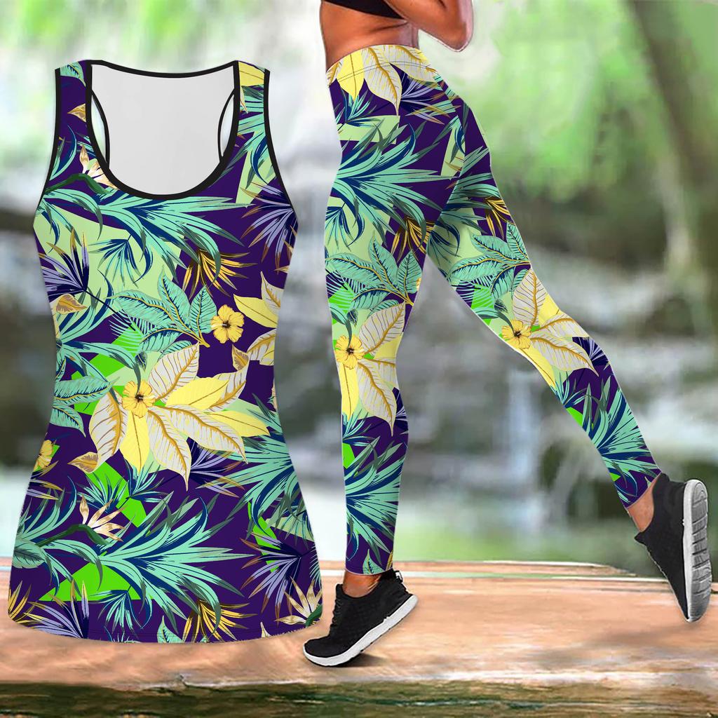 Blue Shadow Flower Print Yoga Outfit for Women Fashion Workout Leggings Fitness Sports Casual Yoga Set Sports Suit