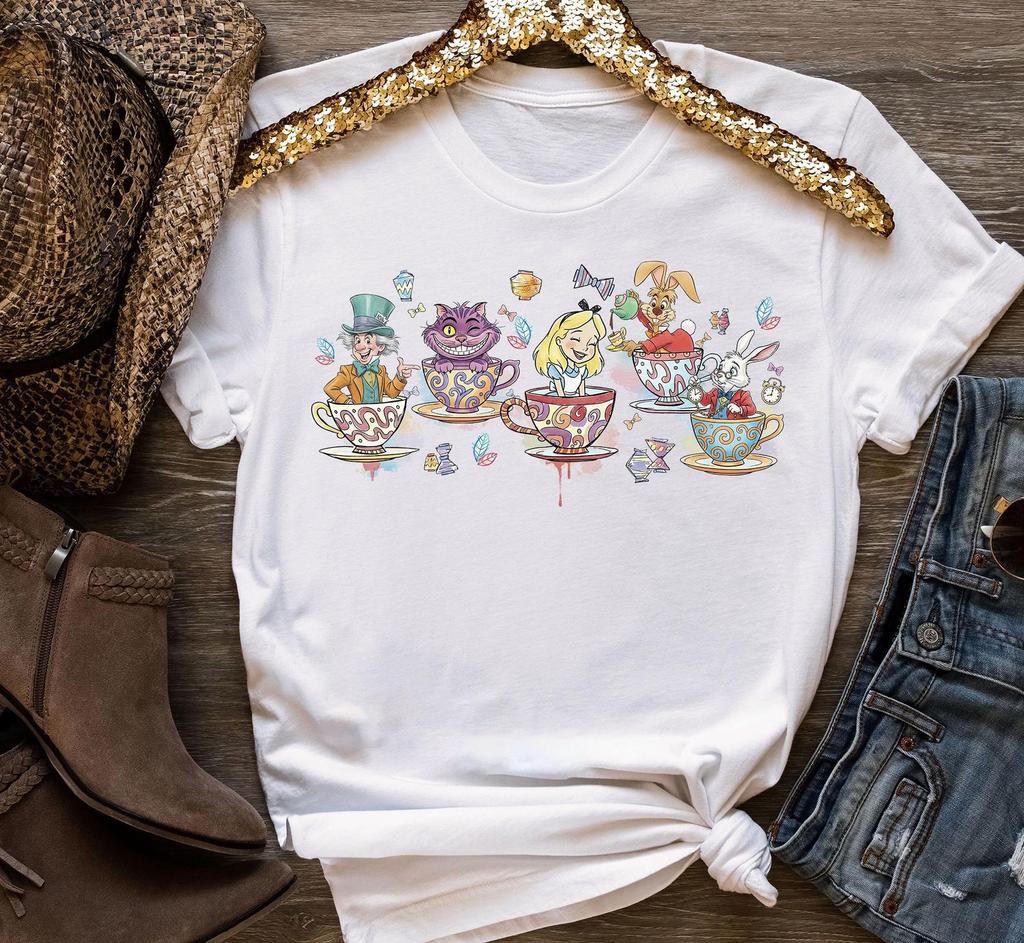 Water Color Princess Disney Alice in Wonderland Cup Tee, Alice White Rabbit Cheshire Cat Tea Coffee Tee, Disney Park Outfit for Girls Women