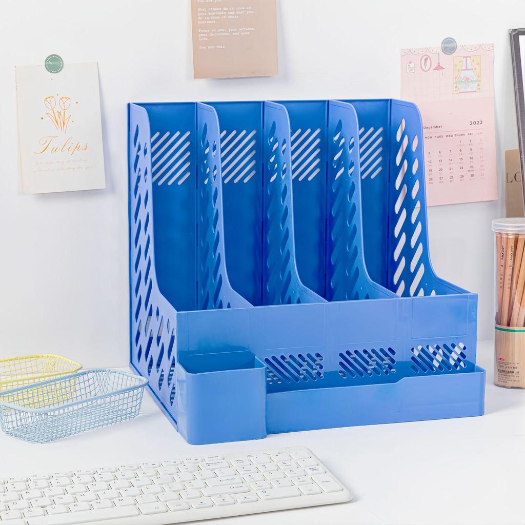 Четырехколончатый офисный стеллаж для документов с держателем для ручек Утолщенный настольный органайзер для хранения документов и канцелярских принадлежностей Эффективный рабочий аксессуар