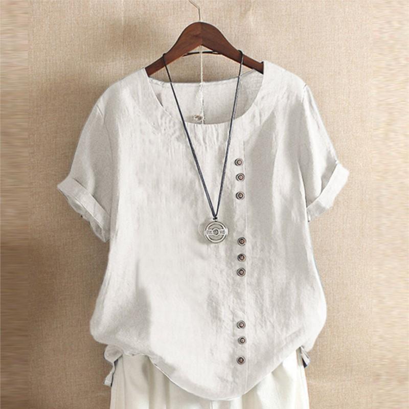 Summer Retro Solid Color Blouse Large Size Casual Loose Button Cotton and Linen Short-sleeved Pullover Round Neck T-shirt Women's Clothing