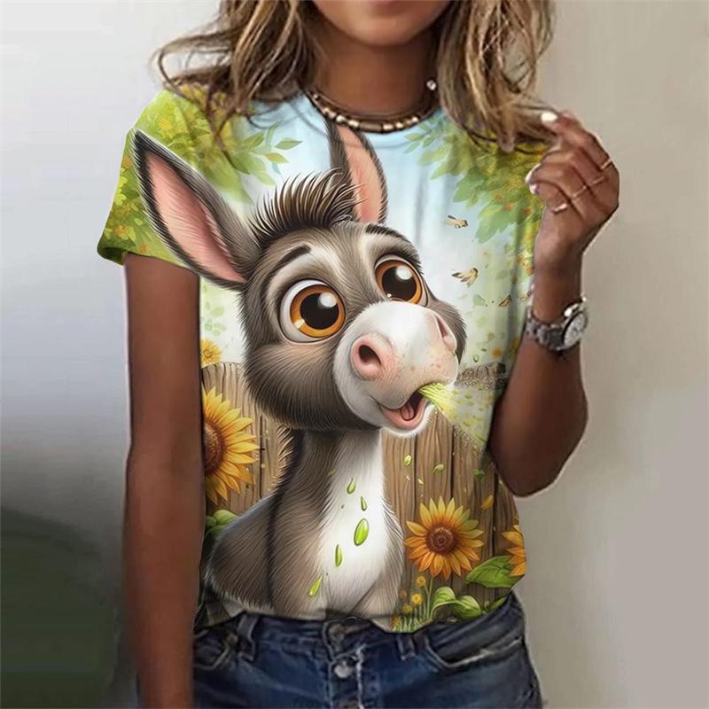Милая футболка с рисунком коровы и осла для женщин, футболки с 3D-принтом и цветами, модные уличные футболки с круглым вырезом и коротким рукавом