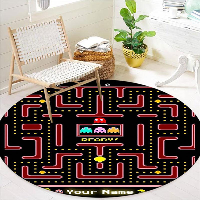 Pac-Man Custom Name Round Area Rug,Carpet Rug for Living Room Bedroom Sofa Playroom Decor,Non-slip Floor Mat