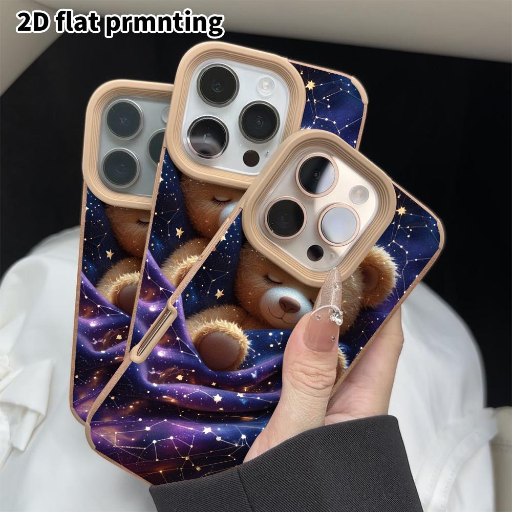 Phone Case: 2D flat lambskin suitable for iPhone 18 17 16 15 14 13 Pro protective case, starry sky bear, Christmas and Halloween gift