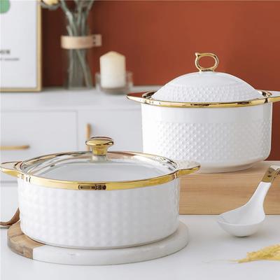 Супница с стеклянной крышкой и ложкой, фарфоровые сервировочные суповые миски с золотой отделкой и крышкой, белые круглые, набор из 2 предметов, сервировочная посуда, большая сервировочная миска, элегантная