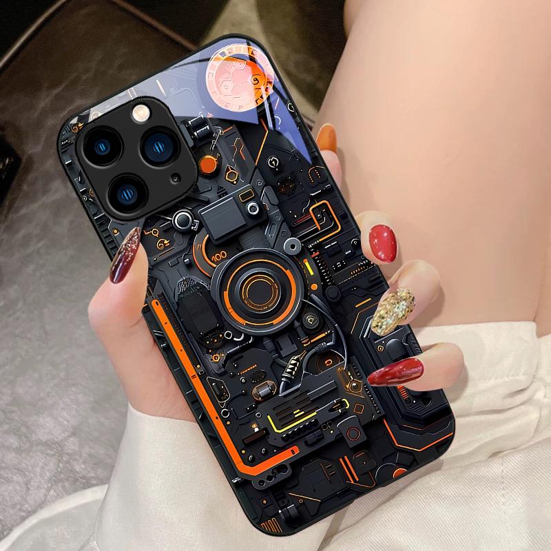 Механическое устройство черное Для IPhone 16 Pro Max 15 Pro 14 13 12 Mini 11 XS Max XR 7 8 Plu SE 2022 Закаленное стекло Чехол для телефона