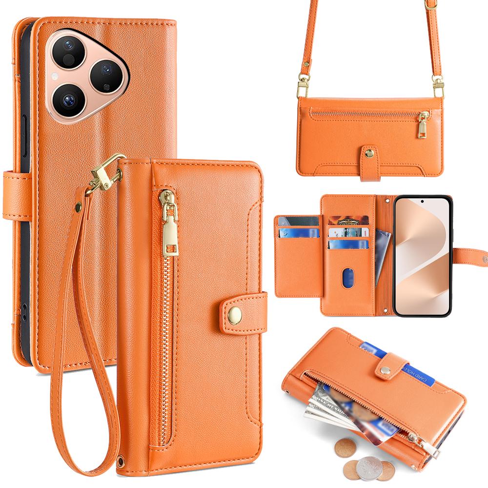 For Huawei Pura 80 Leather Case Zipper Pocket Wallet Phone Cover with 2 Straps