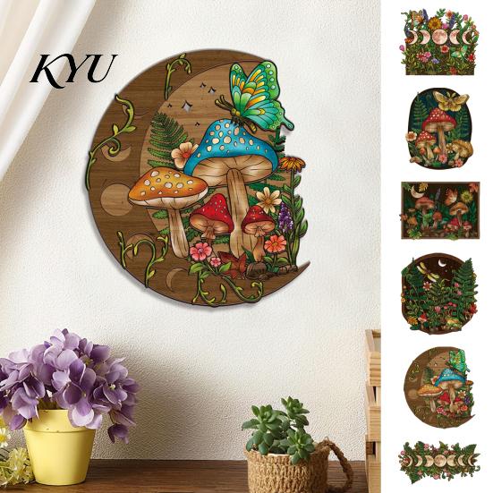 Unique Housewarming Gift Boho Moon Mushroom Wall Hanging Decor, Vintage Forest Multi-Layer Wooden Plaque, Floral Wood Cutout Decoration Butterfly