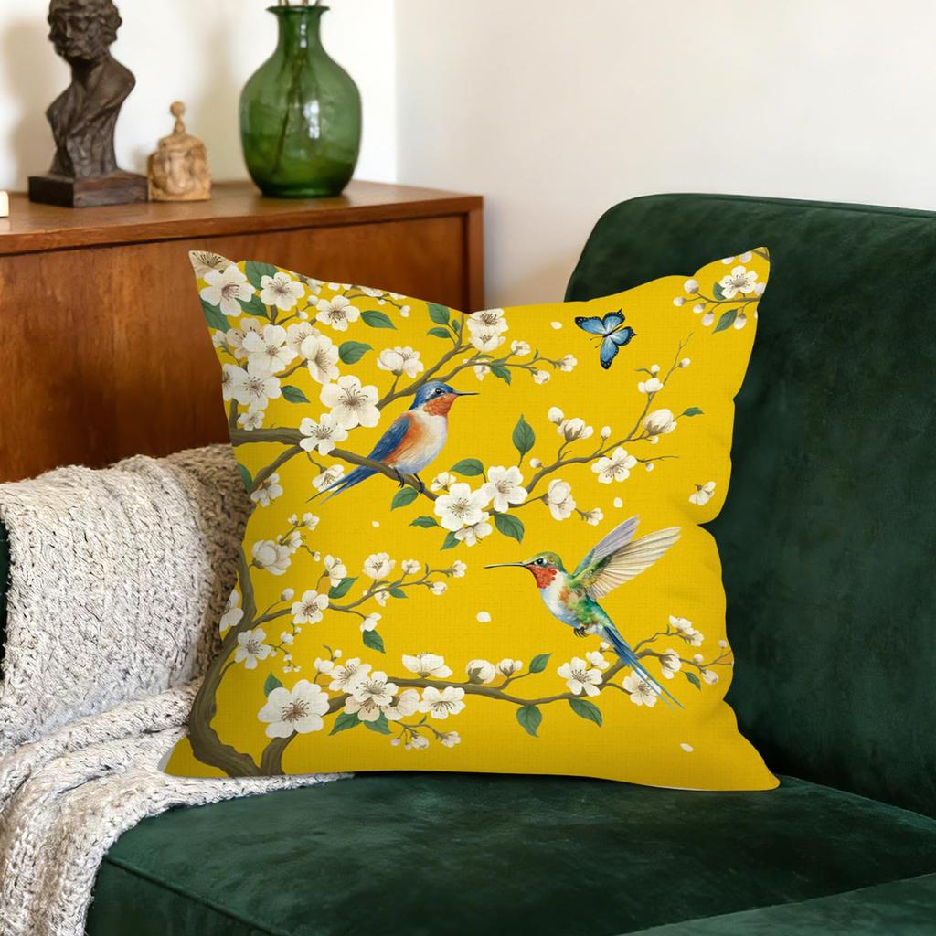 2 Pack Yellow Hummingbird Bird Pillow Covers Double Sided Print Floral Butterfly Cushion Cases Home Decor