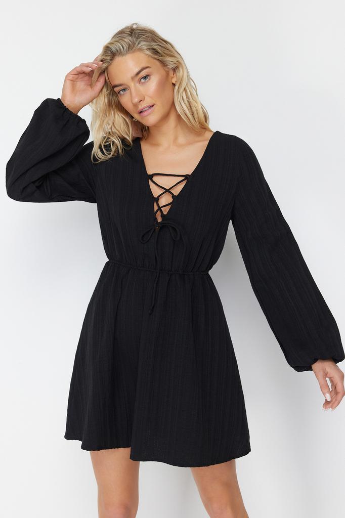 Women's Fashion New Dress Black Mini Woven Tie-Up Linen Blend Beach Dress