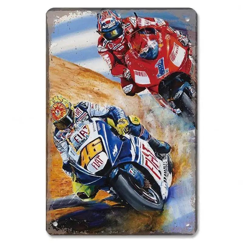 Хисун Металлическая табличка Винтажная Мотогонщик MotoGP Металлическая жестяная табличка Ретро Мотоциклетные гонки Железная живопись Настенное искусство Классический Мотоциклист Декоративная табличка f