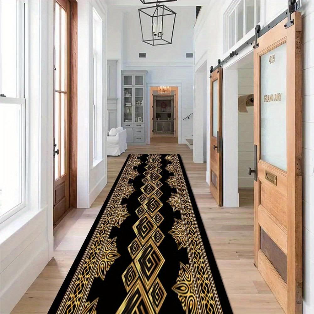 Modern Geometric Printed Runner Rug with Golden Luxury Accents, Soft Polyester Kitchen Hallway Floor Mat