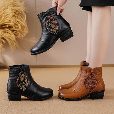 Этнический стиль Натуральная кожа Толстый каблук Короткие ботинки Ретро принт Теплые Боковая молния Женские ботинки