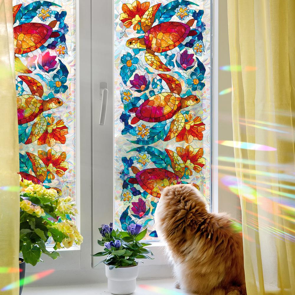 Персонализированные лазерной резки блестящие черепахи и цветочные декоративные статические наклейки для стеклянных дверей и окон ванной комнаты