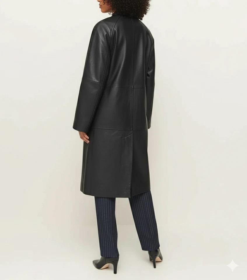 Женское пальто тренч черное из овчины для вечеринки кожаное повседневное ручной работы стильное натуральное