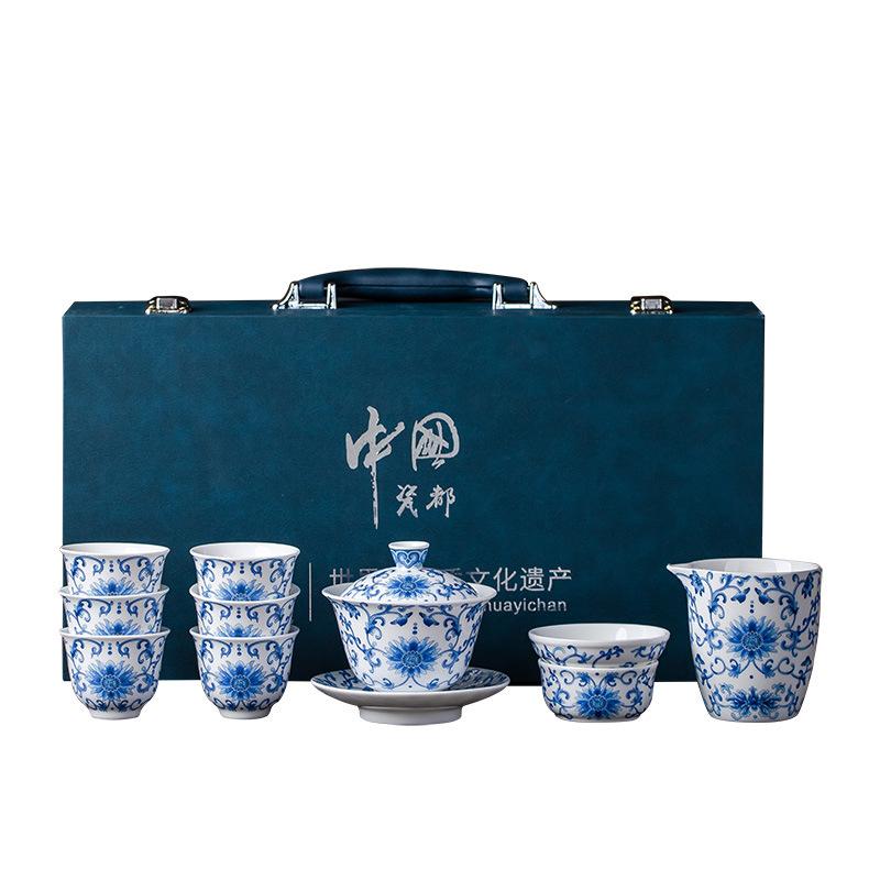 Suet jade porcelain blue and white ceramic kung fu tea set enamel color ten thousand flower cover bowl teacup household gift gift box