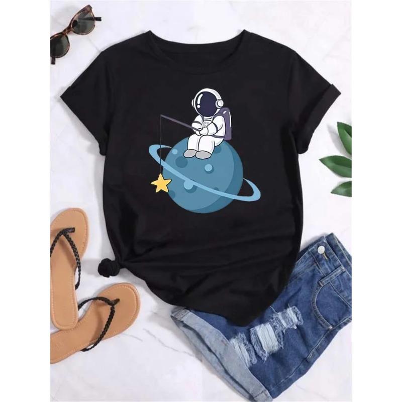 Футболка женская с принтом луны и планеты, модные футболки, повседневная, с круглым вырезом, с коротким рукавом, женская футболка в уличном стиле, винтажные топы