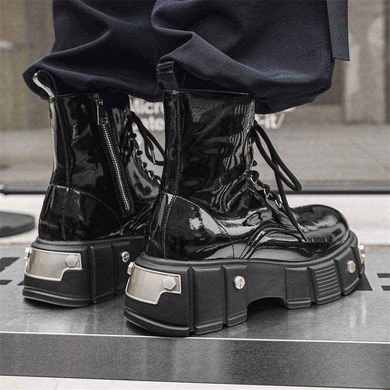 Ботинки мартин мужские высокие в британском стиле на толстой подошве с увеличением роста из лакированной кожи черные ботинки-локомотивы с круглым носком и боковой молнией панк-ботинки мужские