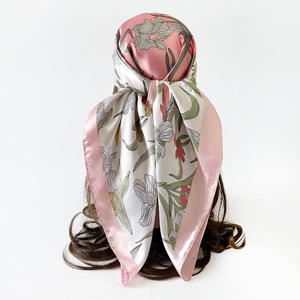 90cm Satin Printed Headscarf, Classic Floral Large Scarf, Women’s Shawl