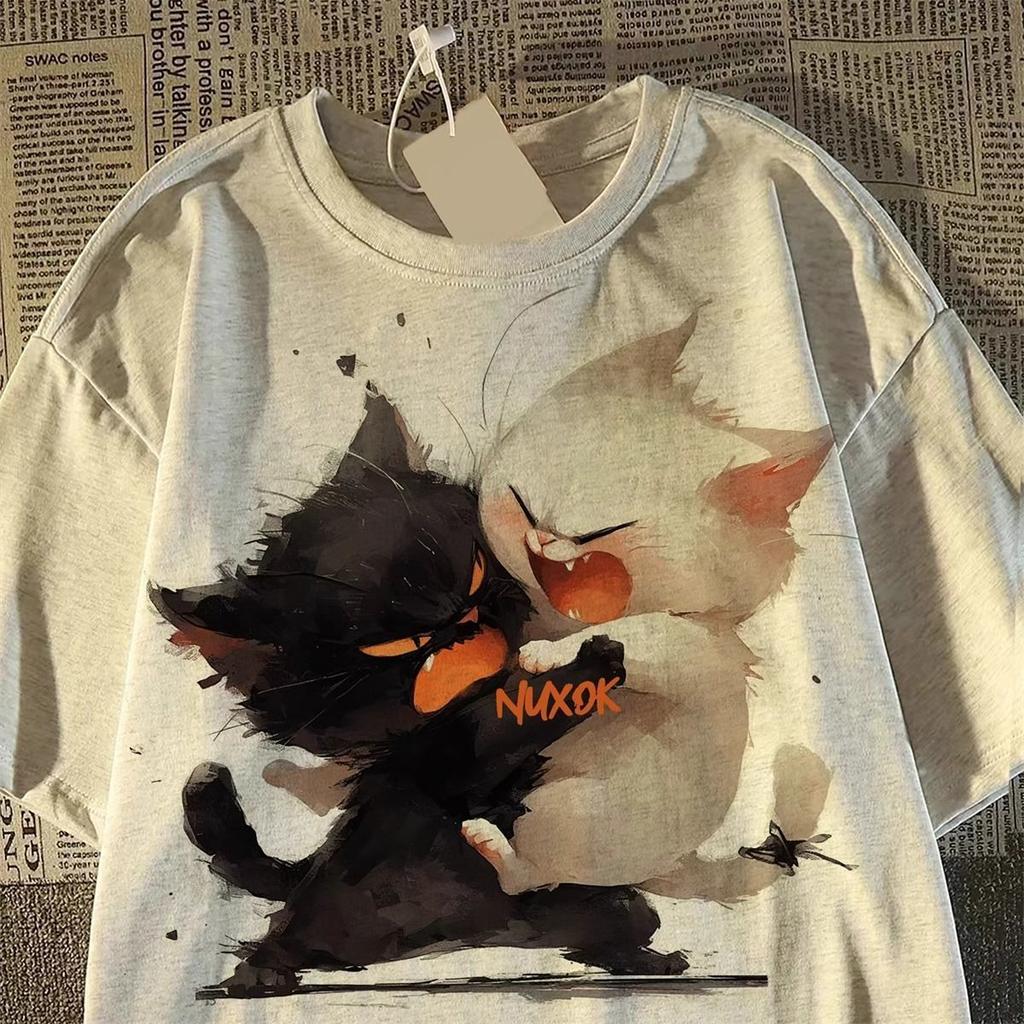 Футболка Harajuku Oversize, высокое качество, 200 г, 100% хлопок, футболка, летняя, 2025 г., забавная футболка с принтом мультяшного кота для женщин, одежда, топы Y2k, уличная одежда