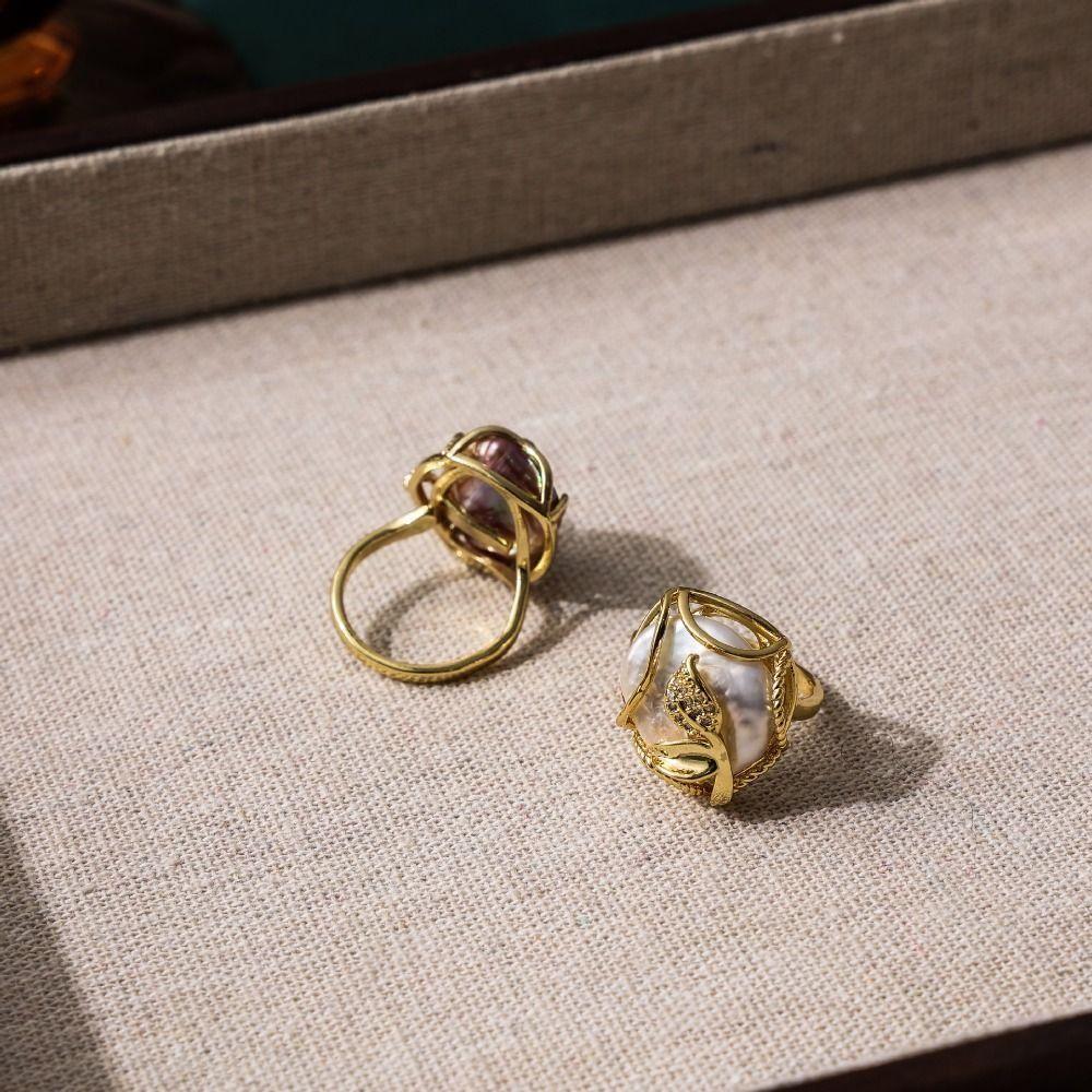 Baroque Pearl Opening Ring Rhinestone Natural Pearl Ring Creative Women's Jewelry  Women