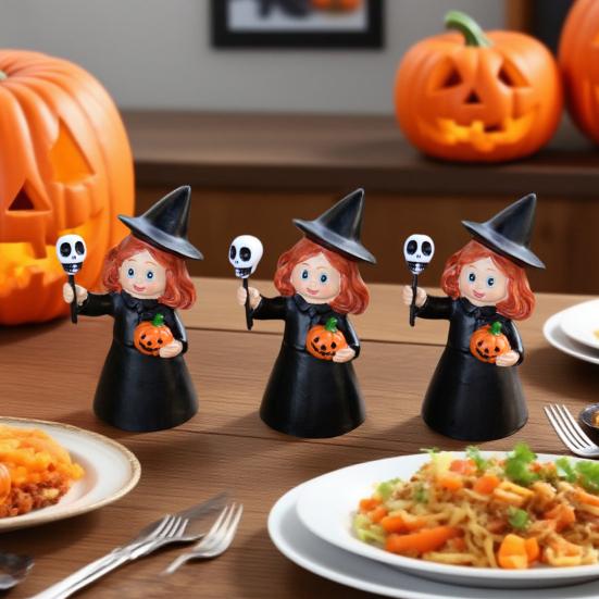3Pcs Halloween Witch Figurine Holding Skull Pumpkin Cartoon Witch Resin Statue Sculpture Home Office Holiday Party Decoration Ornament