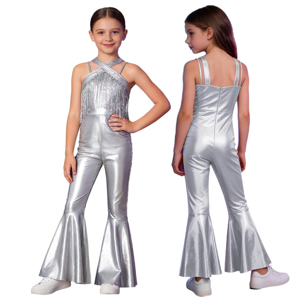 Kids Metallic Disco Dance Bodysuit: Sleeveless Sequins Tassels Jumpsuit with Back Invisible Zipper & Flared Pants
